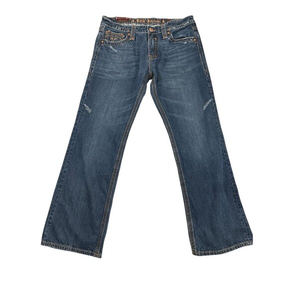 Rock Revival Jeans Mens 38x32 Blue Denim Mick Boot Cut Distressed - Picture 1 of 9